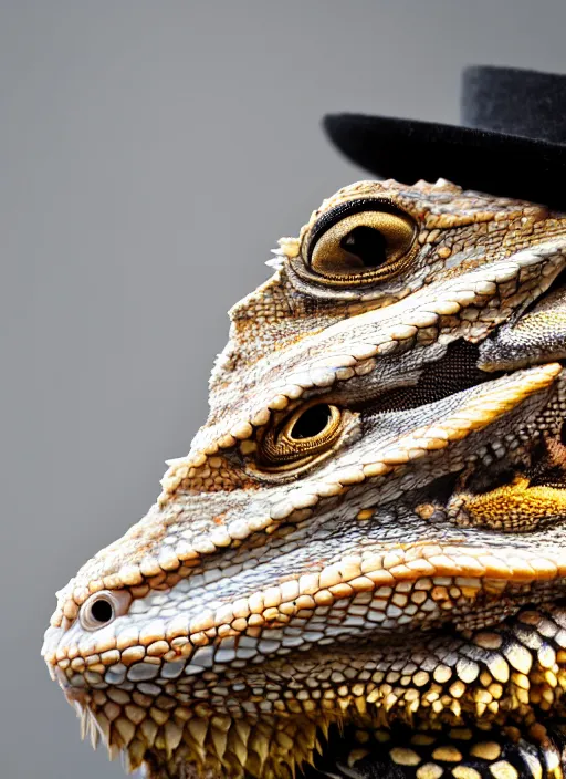 Prompt: dslr portrait still of a bearded dragon wearing a tophat, 8 k 8 5 mm f 1. 4