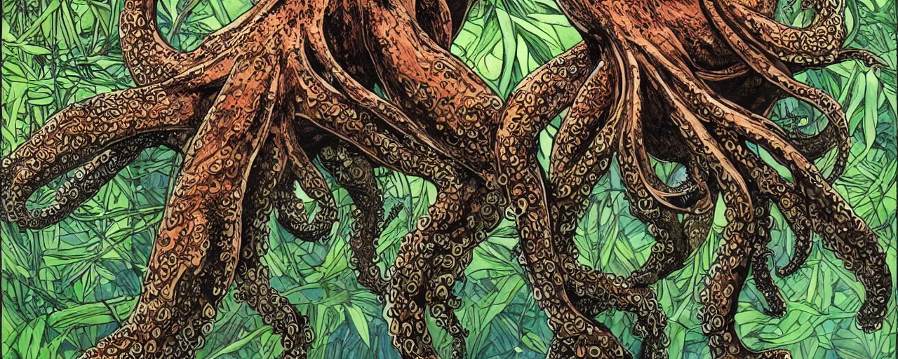 Prompt: Portrait of a large octopus creature swinging between trees in a jungle, intricate, elegant, highly detailed, smooth, sharp focus, detailed face, high contrast, bold warm and cool colour palette, graphic novel, art by Ardian Syaf and Pepe Larraz,