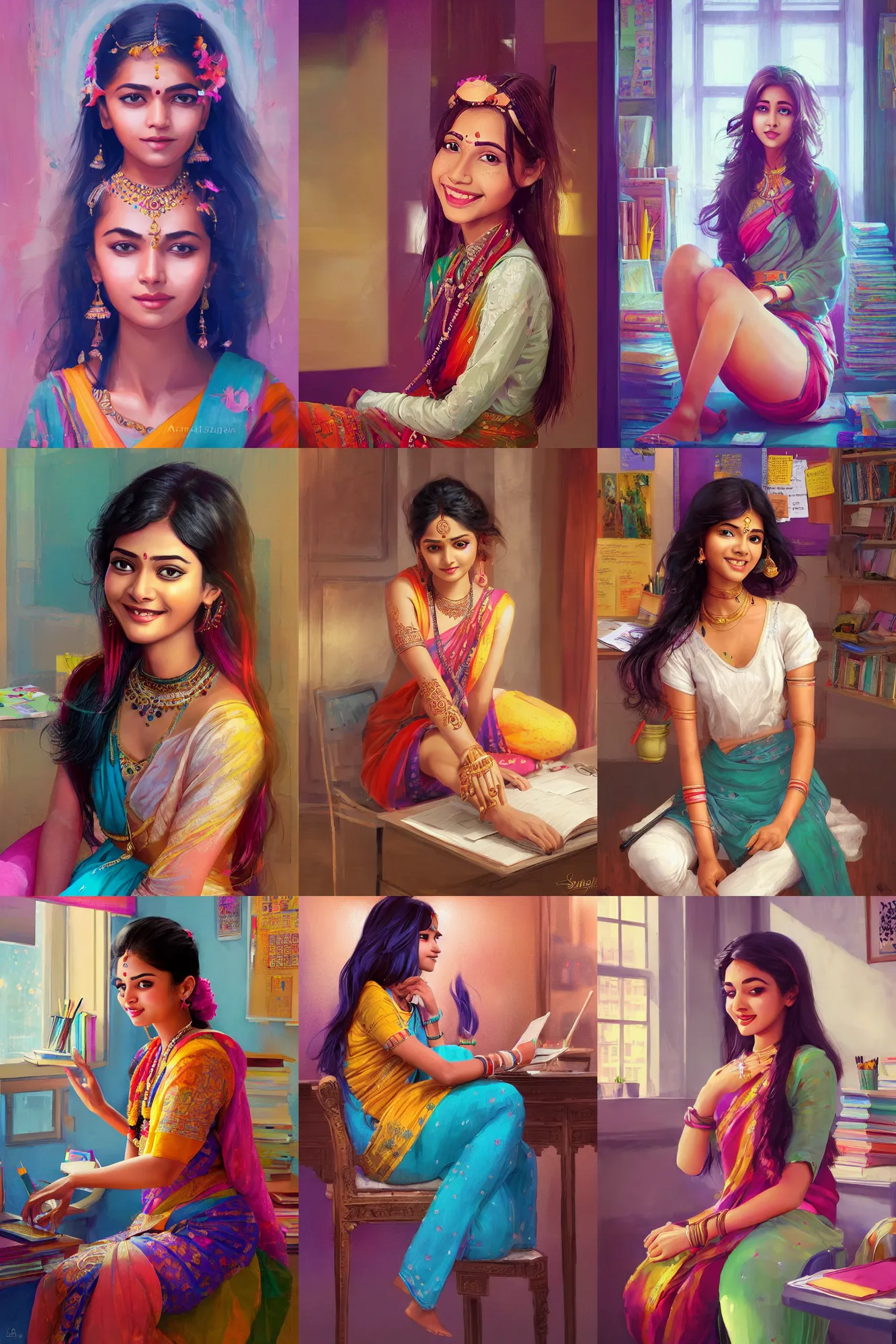 Prompt: a beautiful indian girl sitting in her office | | cute - fine - subtle smile, colorful hair, face, pretty face, fine details by stanley artgerm lau, wlop, rossdraws, james jean, andrei riabovitchev, marc simonetti, and sakimichan, trending on artstation