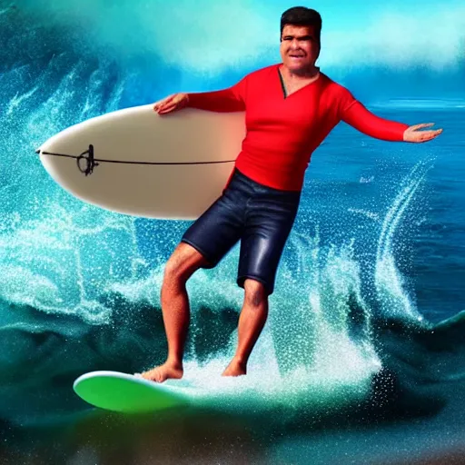 Image similar to photorealistic simon cowell surfing. hyperdetailed photorealism, 1 0 8 megapixels, amazing depth, high resolution, 3 d shading, 3 d finalrender, 3 d cinematic lighting, glowing rich colors, psychedelic overtones, artstation concept art.