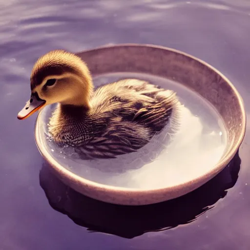 Image similar to cute duckling swimming in a small bowl of clear water, photography, minimalistic, 8 k