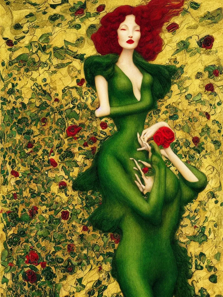 Image similar to !!!dream brunette woman standing in green dress on gold background, with black roses and red lips Anton Pic, Jean Delville, Amano, Yves Tanguy, Ernst Heckel, Edward Robert Hughes, Stanislaw Szukalski and Roger Dean photorealism