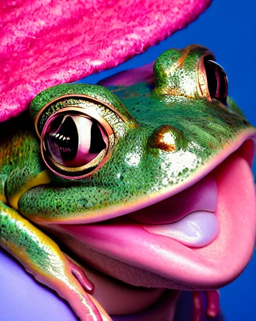 Prompt: natural light, soft focus extreme close up portrait of a cyberpunk anthropomorphic frog with soft synthetic pink skin, blue bioluminescent plastics, smooth shiny metal, elaborate ornate head piece, piercings, skin textures, by annie leibovitz, paul lehr
