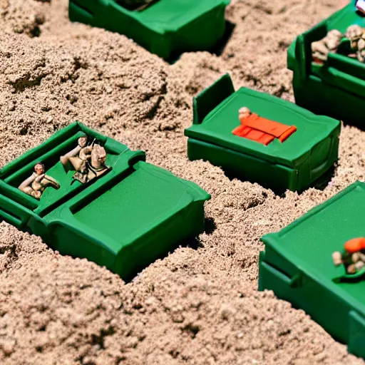 Image similar to toy army men, melting in a sandbox on a summers day