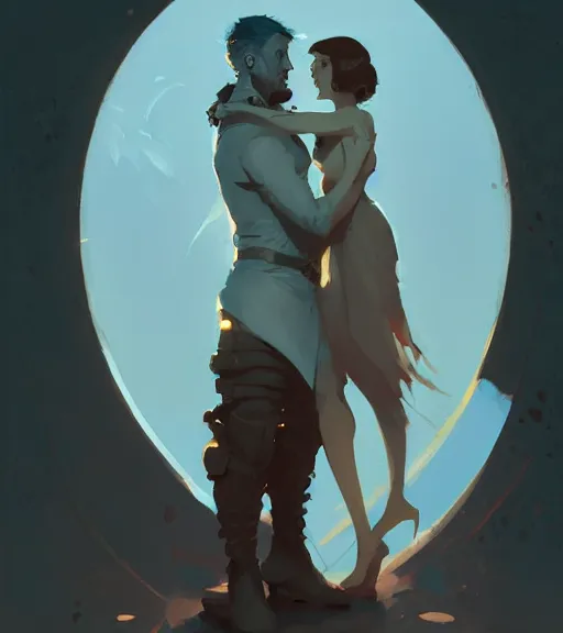 Image similar to portrait of anders from dragon age hugging a beautiful woman by atey ghailan, by greg rutkowski, by greg tocchini, by james gilleard, by joe fenton, by kaethe butcher, dynamic lighting, gradient light blue, brown, blonde cream and white color scheme, grunge aesthetic