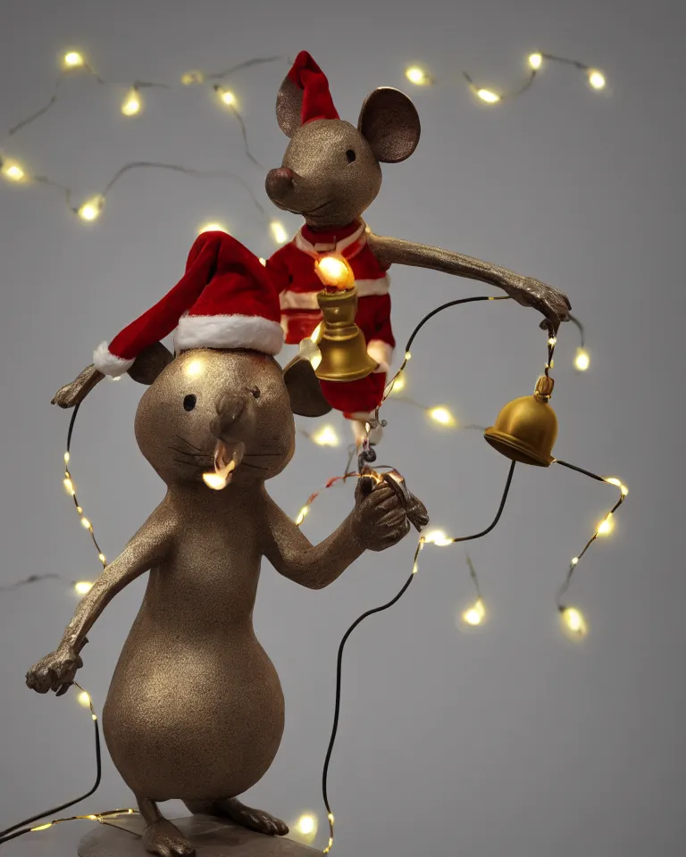 Prompt: a statue of a proud mouse standing on two legs and holding a round bell made of christmas lights and wire, trending on artstation, sigma 5 0, hyper realisitic