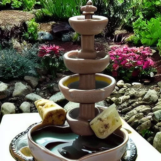 Prompt: beautiful water fountain oasis in the middle of dessert, chocolate brownie, ice cream on side