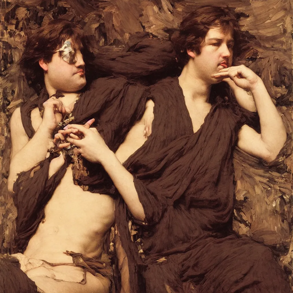 Image similar to portrait en buste of bill hicks SMOKING WEED in repose by John William Waterhouse, Frederic Leighton, true-to-life, flowing realistic fabric, abundant detail