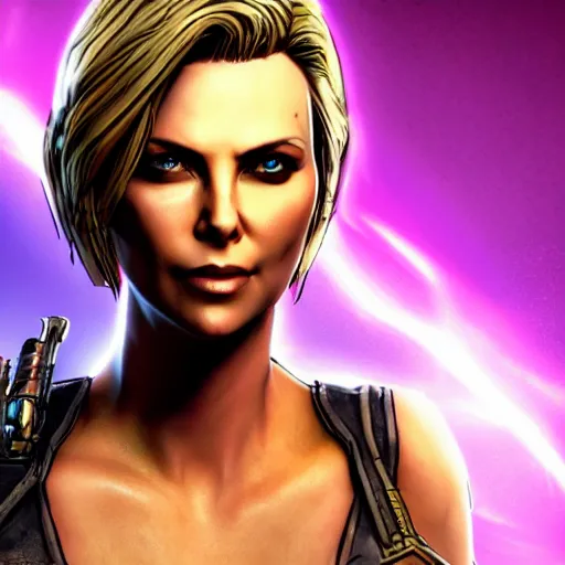 Image similar to charlize theron portrait, borderlands, tales from the borderlands, the wolf among us, comic, cinematic lighting, studio quality, 8 k