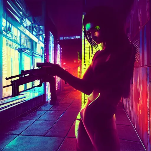 Image similar to “sensual cyberpunk girl with guns in her hands failing on the city, ultra realistic, neon lights, photo, 8k”