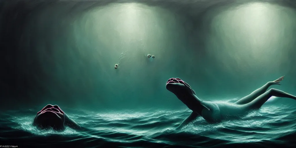 Image similar to uncanny personified emotion monsters swim towards the surface, dramatic lighting, attempting to escape to the surface and start a revolution, in a dark surreal painting by ronny khalil