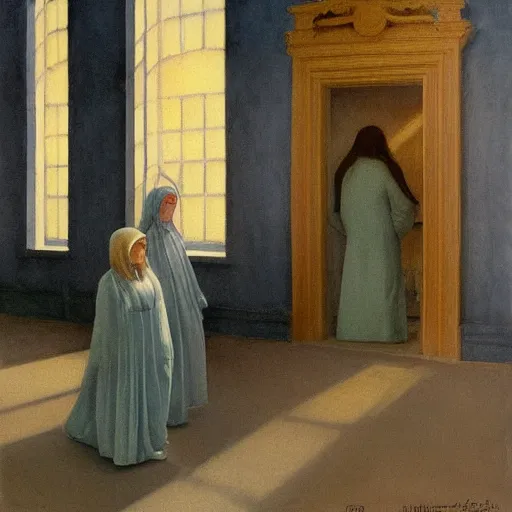 Prompt: procession of women in a soviet temple, dripping watercolor by gottfried helnwein, by hammershøi, highly detailed, art nouveau wallpaper, lights by edward hopper, liminal, eerie, pastel colors, limited palette