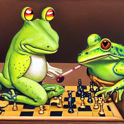 Image similar to mr toad and mr frog drinking wine and playing chess. Painting of toad and frog wearing sweaters by James Gurney.