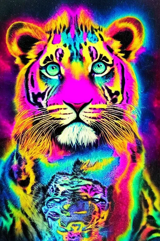 Image similar to damaged lisa frank daguerreotype, muted colours, detailed psychedelic gothic feline portrait of lion headed demonic chaos god in the service of Slaanesh , tiger stripes, leopard spots