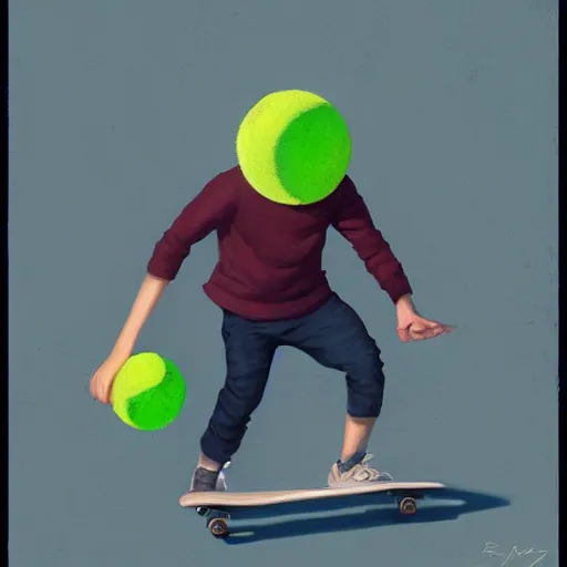 Image similar to highly detailed vfx portrait of a character of a skateboarding tennis ball monster, skateboard stephen bliss, chalk, unrealengine, greg rutkowski, loish, rhads, beeple, chalk, makoto shinkai and lois van baarle, ilya kuvshinov, rossdraws, tom bagshaw, basil gogos