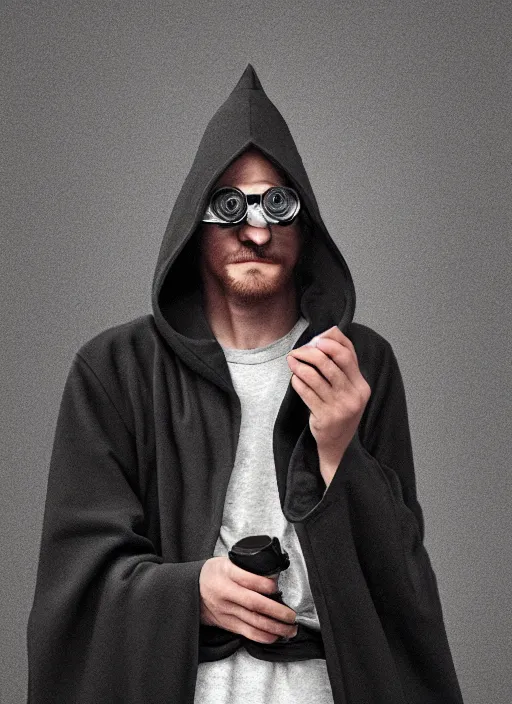 Image similar to an anthropomorphic beautiful male scientist portrait blowing smoke wearing black hoodie robe, binocular, fine art, award winning, intricate, elegant, sharp focus, octane render, hyperrealistic, wizard hat cinematic lighting, highly detailed, digital painting, 8 k concept art, art by jamie hewlett and z. w. gu, masterpiece, trending on artstation, 8 k