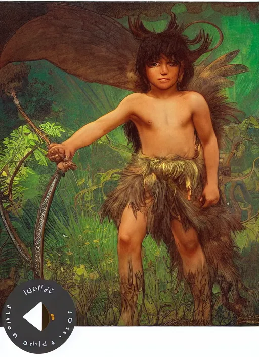 Image similar to portrait of a little epic warrior boy character with dark skin and a big lion with wings at his side in the middle of a lush forest at night. diffuse neon light, dramatic landscape, fantasy illustration, matte painting by mucha