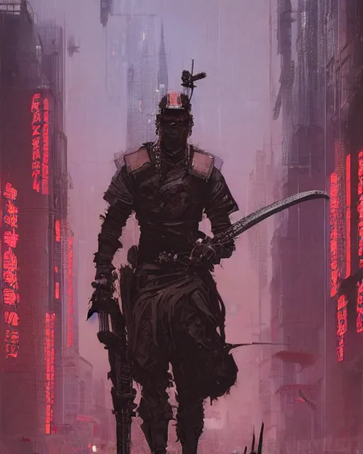 Image similar to a highly detailed epic cinematic concept art CG render digital painting artwork: Cyberpunk samurai. By Greg Rutkowski, in the style of Francis Bacon and Syd Mead and Norman Rockwell and Beksinski, open ceiling, highly detailed, painted by Francis Bacon and Edward Hopper, painted by James Gilleard, surrealism, airbrush, Ilya Kuvshinov, WLOP, Stanley Artgerm, very coherent, triadic color scheme, art by Takato Yamamoto and James Jean