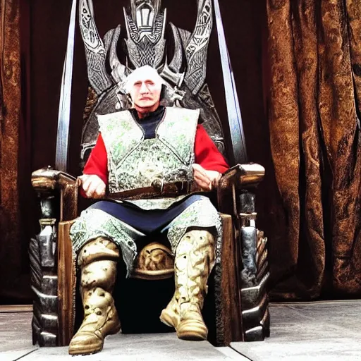 Image similar to Alexander Lukashenko as a Jarl in The Elder Scrolls V: Skyrim sitting on his throne in a relaxed rude pose