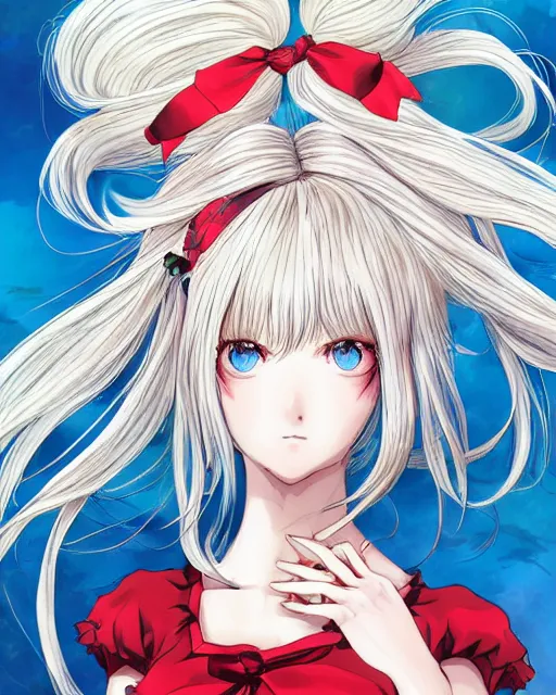 Image similar to illustration of a blonde twintails hair with ribbons anime girl with red eyes in the style of studio ghibli, ayami kojima, akihiko yoshida and 90's anime