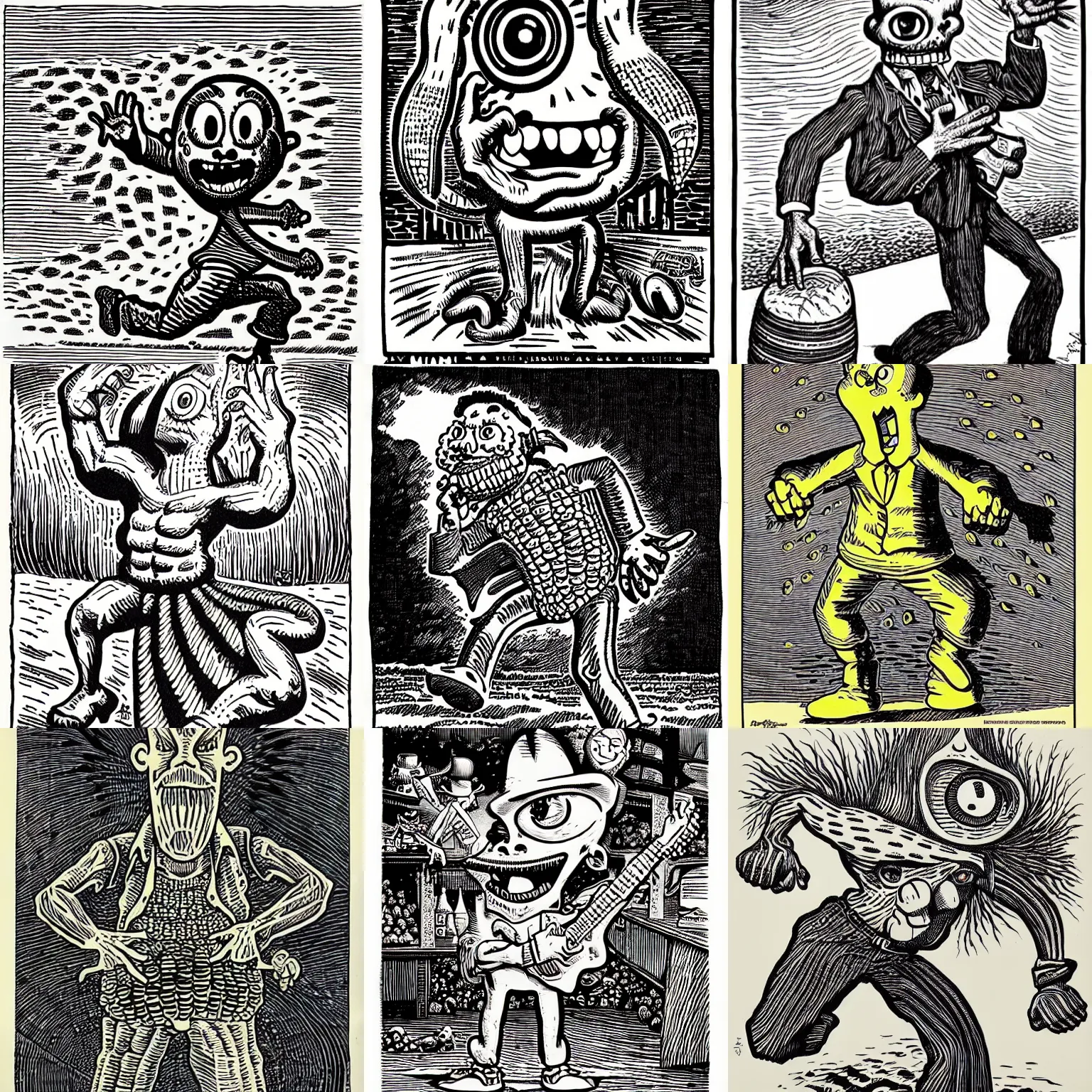 Prompt: a mutant corn with eyes by robert crumb, dynamic pose, engraving, epic composition