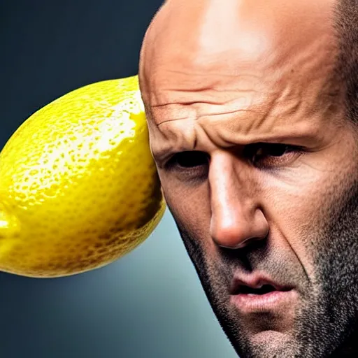 Image similar to ultra realistic professional photo of Jason Statham yelling at a lemon