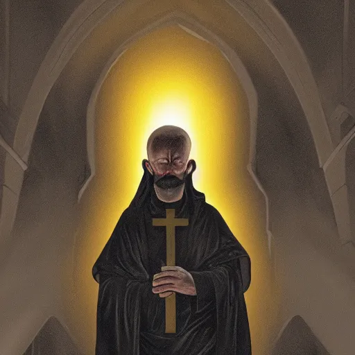 Image similar to An old catholic priest in black garbs kneeled in fervent prayer. His eyes are wide open with fear. Ominous dramatic yellow lighting. Overhead view, award-winning digital art, trending on ArtStation