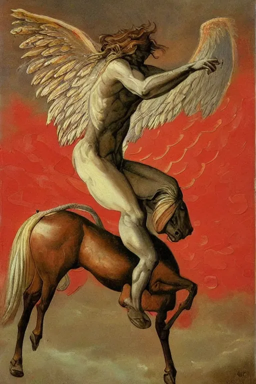 Image similar to this painting seems to depict a wingless angel on a horse who looks down at the ground beneath him. meanwhile, above him is a twisting funnel of angry red fire.