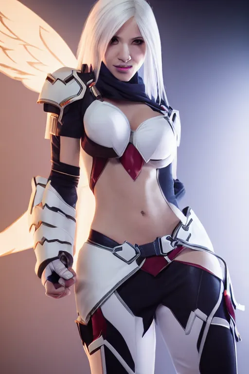 Prompt: Katarina from League of Legends shaking hands with Mercy from Overwatch, photorealistic full body, studio lighting, white ambient background, highly detailed