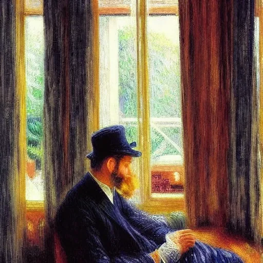 Image similar to on a rainy day, someone in home sits in bed, curled up under the covers, watching the rain outside the window, cinematic, artstation, extremely detailed, intricate, cinematic lighting, art by pierre - auguste renoir, gustave caillebotte