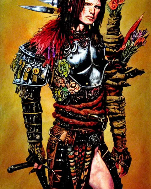 Image similar to portrait of a skinny punk barbarian wearing armor by simon bisley, john blance, frank frazetta, fantasy, thief warrior, floral flowers colorful