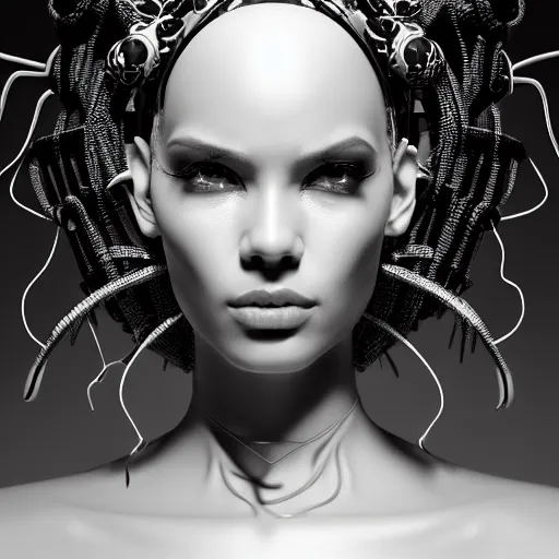 Image similar to portrait of an absurdly beautiful, graceful, sophisticated, fashionable black cyberpunk mechanoid gravure idol, ultrafine hyperdetailed illustration by irakli nadar, matt wisniewski style, marvel comics, intricate linework, ebony skin, neon jellyfish headdress, ivory carved ruff, unreal engine 5 highly rendered, global illumination, radiant light, detailed and intricate environment