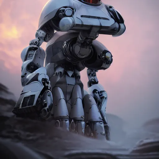 Image similar to cinematic epic portrait of a mecha astronaut alone on a distant planet with spaceship destroyed, octane render, trending on artstation, hyperrealistic, character photography