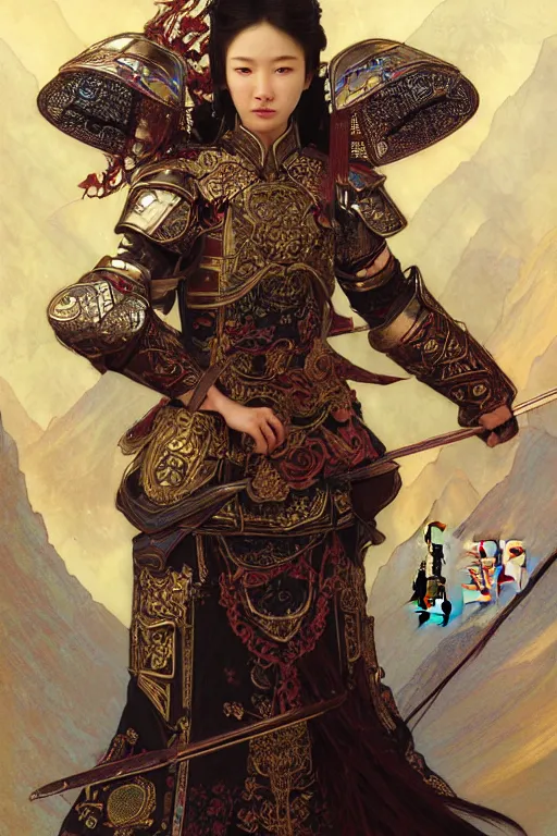 Image similar to beautiful and luxury and holy and elite and colorlpunk young three kingdom chinese female armor knight portrait +shinnyy eyes+front face with light flowing hair, ultradetail face, art and illustration by tian zi and craig mullins and WLOP and alphonse mucha, fantasy, intricate complexity, human structure, human anatomy, fantasy character concept, watermark, blurry, hyperrealism 8k