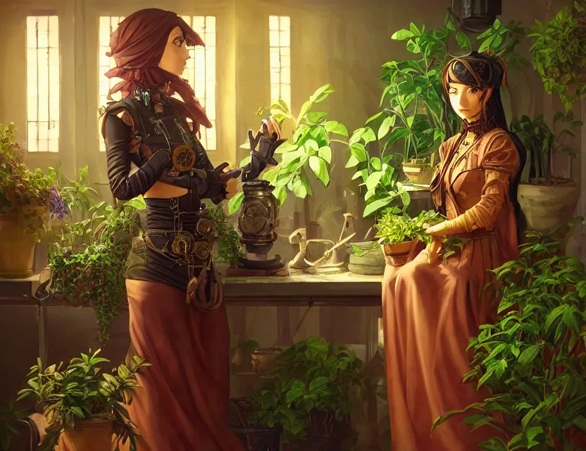 Prompt: middle eastern scifi alchemist in a well lit study with potted plants, wearing a lovely dress with steampunk details. this oil painting by the award - winning mangaka has an interesting color scheme and impeccable lighting.