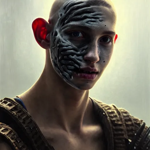 Image similar to portrait painting of young man with burn scars on his face and poorly shaved hair wearing tattered light armor, ultra realistic, concept art, intricate details, eerie, highly detailed, photorealistic, octane render, 8 k, unreal engine. art by artgerm and greg rutkowski and charlie bowater and magali villeneuve and alphonse mucha