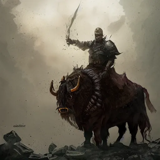 Image similar to Walter white as a dark fantasy warrior riding an armored yak, made by Greg Rutkowski