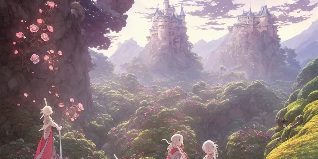 Image similar to the knight and the sword of rose petal, anime, castle core, mountains, rocky roads. by hayao miyazaki and rossdraws and artgerm and greg rutkowski and alphonse mucha and studio ghibli. high quality, stunning, intricate detailed environment. 8 k