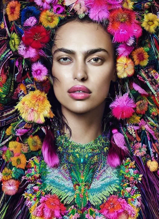 Image similar to beautiful portrait of Irina Shayk wearing fantastic Hand-dyed cotton dress,embellished beaded feather decorative fringe knots ,colorful pigtail,subtropical flowers and plants,symmetrical face,Pantone,intricate,elegant,highly detailed,8k,post-processing,digital painting,trending on pinterest,harper's bazaar,concept art, sharp focus, illustration, by artgerm,Tom Bagshaw,Lawrence Alma-Tadema,greg rutkowski,alphonse Mucha