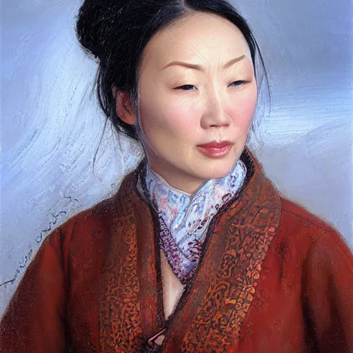 Prompt: portrait of an asian russian woman ( 3 5 ) from chabarovsk, russia in 2 0 2 1, an oil painting by ross tran and thomas kincade