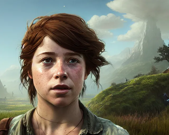 Image similar to highly detailed portrait of jessie buckley, in the last of us, stephen bliss, unreal engine, fantasy art by greg rutkowski, loish, rhads, ferdinand knab, makoto shinkai and lois van baarle, ilya kuvshinov, rossdraws, tom bagshaw, global illumination, radiant light, detailed and intricate environment