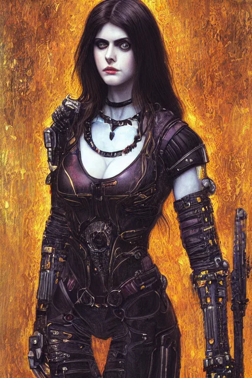 Image similar to portrait of beautiful gothic Alexandra Daddario, cyberpunk, Warhammer, highly detailed, artstation, illustration, art by Gustav Klimt