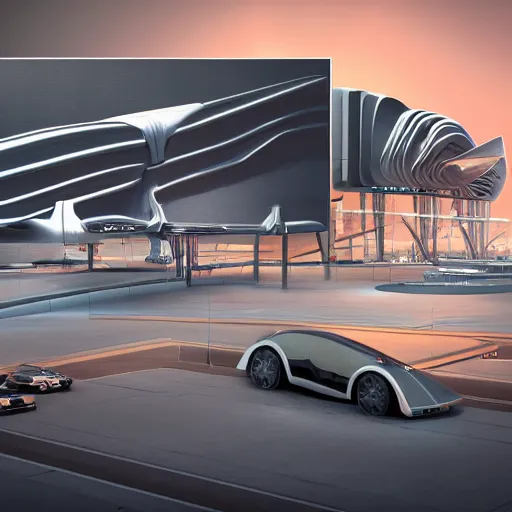 Image similar to sci-fi cars in center and wall near structure on the coronation of napoleon painting and digital billboard in the middle and everything in style of zaha hadid and suprematism forms unreal engine 5 keyshot octane artstation trending ultra high detail ultra photo realistic 8k 16k in plastic dark tilt shift