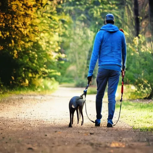 Image similar to greyhound taking a human for a walk, the human is the one on the leash
