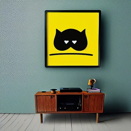 Image similar to grumpy cat with a vintage sci-fi CRT monitor for a head showing a glowing green pixelated emoji-style smiley face, matte gouche sci-fi ink illustartion on dark paper, highly detailed movie poster