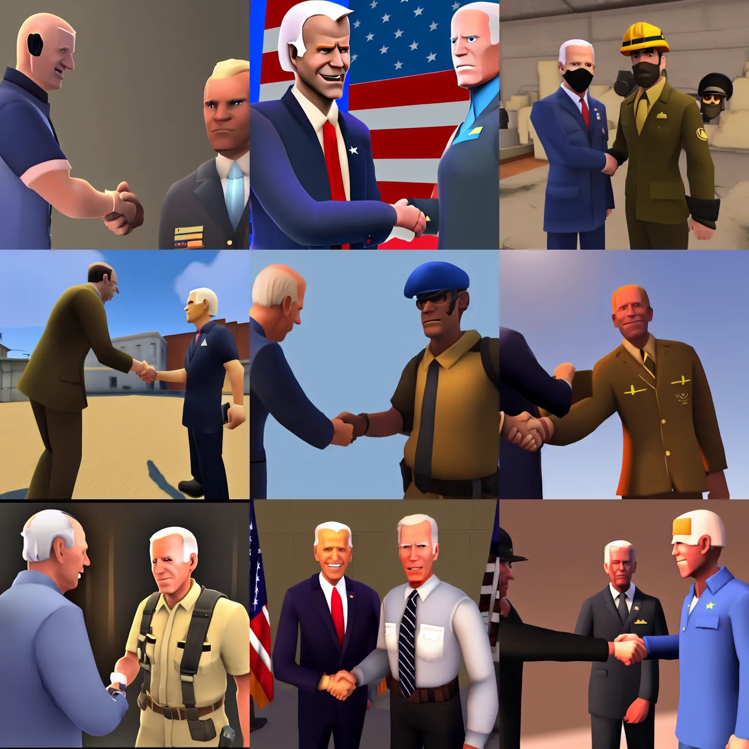 Prompt: team fortress 2 scout shakes hands with joe biden, rendered in sfm