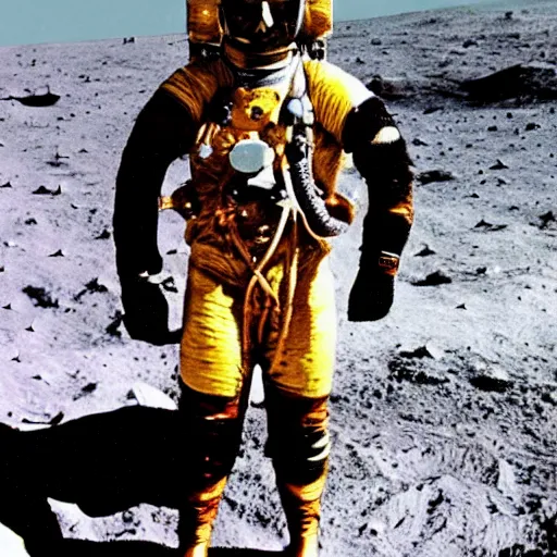 Image similar to photo of a diver wearing an old diving suit on the moon holding an electric guitar. detailed. old diving suit photos. detailed. colorized. posing like a rockstar