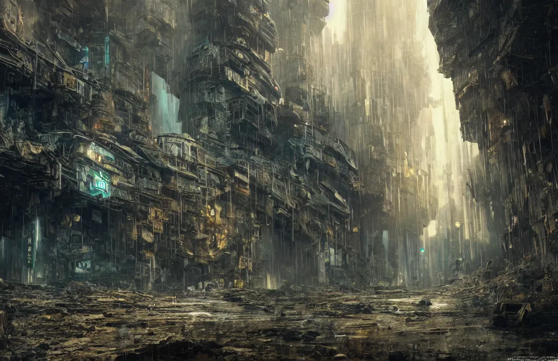 Image similar to a highly detailed abandoned blade runner cyberpunk environment on the edge of a waterfall, detailed intelligent scrollwork, hyperreal phantastic, intricate details in environment, luminance, golden ratio, high aestehtic, cinematic light, dramatic light, godrays, distance, photobash, wideangle, bierstadt, hyperreal 4 k