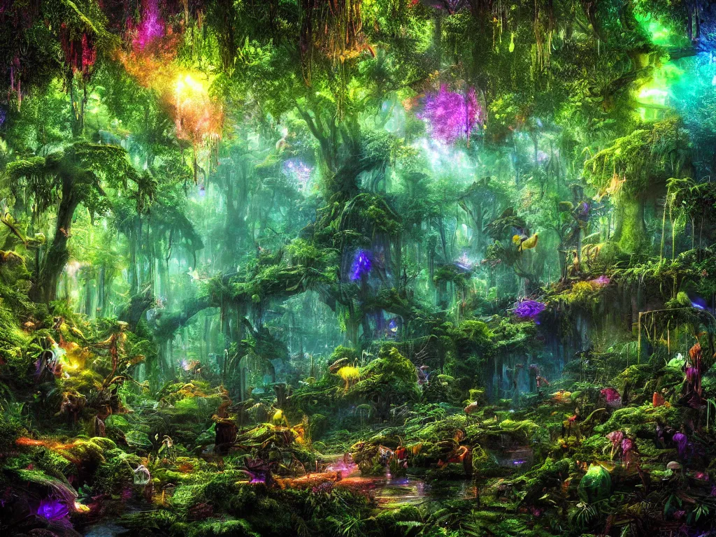 Image similar to a fantasy beautiful dense biorelevant rainforest setting, ultrawide angle, glowing animals surround it with pixie dust ether floating in the air, hdr, epic scale, cmyk, deep spectrum color