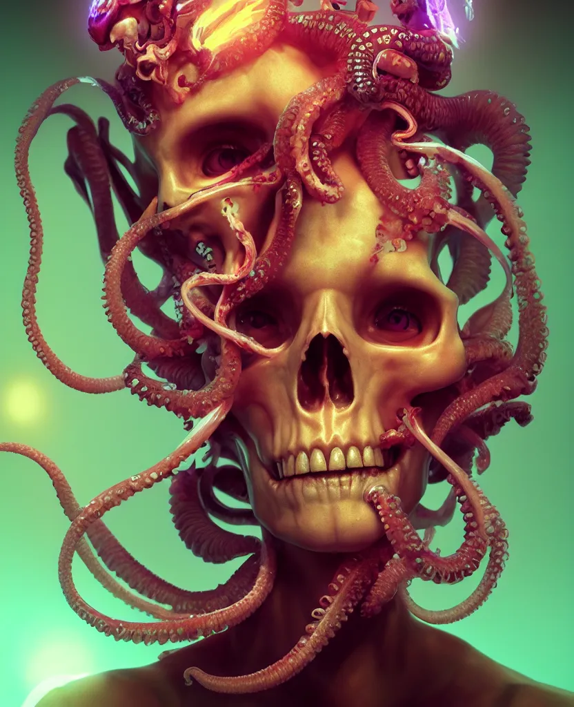 Image similar to goddess close - up portrait human skull, ram skull, squid phoenix jellyfish, orchid, betta fish, bioluminiscent, intricate artwork by tooth wu and wlop and beeple. octane render, trending on artstation, greg rutkowski very coherent symmetrical artwork. cinematic, hyper realism, high detail, octane render, 8 k